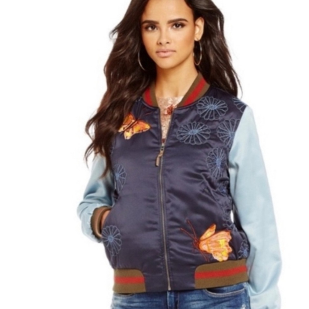 Chelsea & Violet Navy and Light Blue Embroidered Bomber Jacket